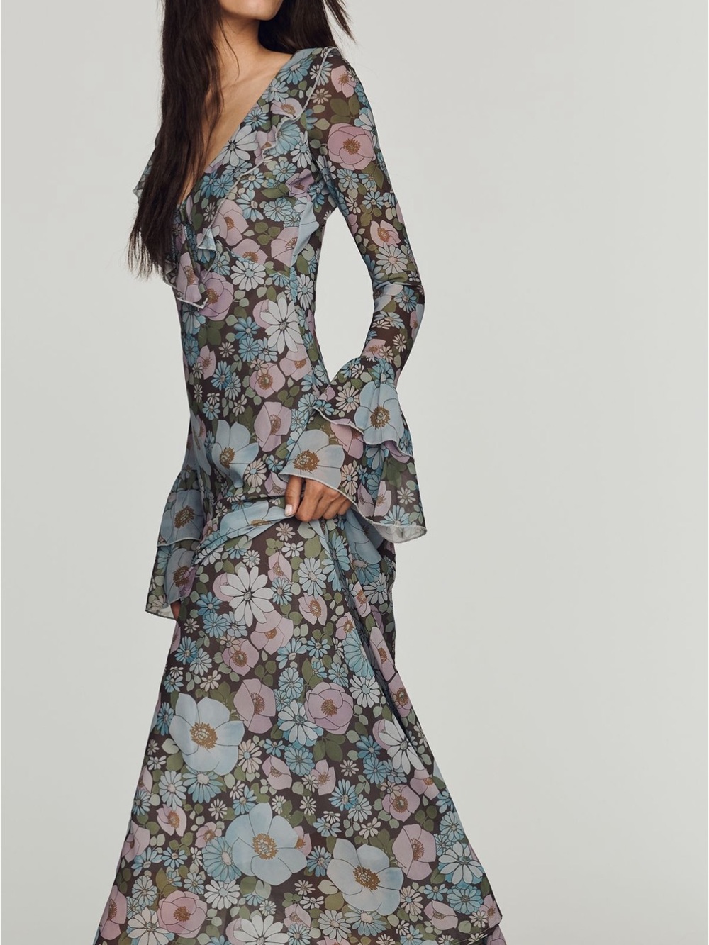 Sister New York Shellona Maxi Ruffle Bell Sleeve Dress in Vintage Floral Medium - Picture 6 of 16